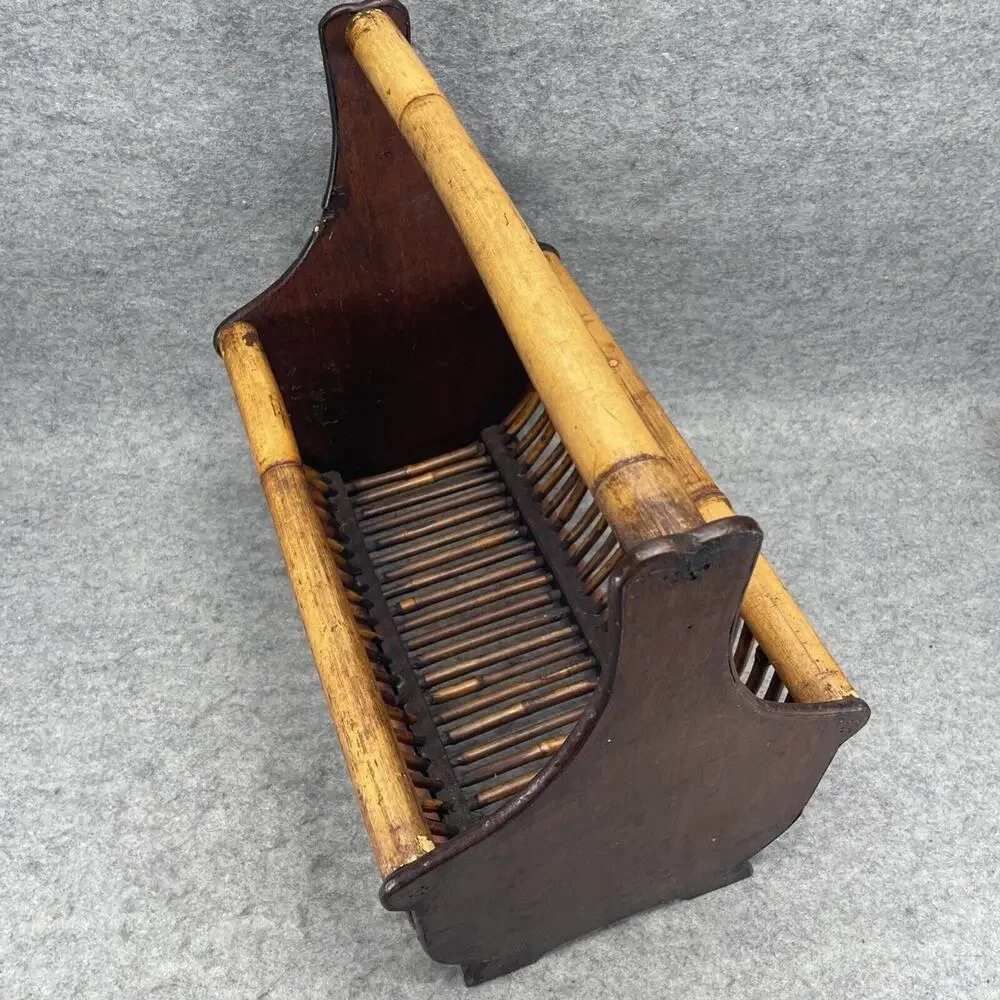 VTG Mid Century Modern Burnt Rattan Tortoise Tiger Bamboo Magazine Rack Basket
